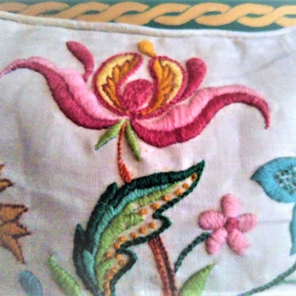Vtg Paragon Crewel Embroidery Jacobean Crewel GOLD Linen  Vibrant Colored Vintage Jacobean  Crewel Wool Embroidered Pillow Cover